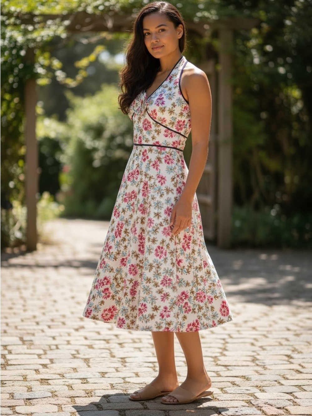 Vintage Floral Halter Midi Dress in White and Pink